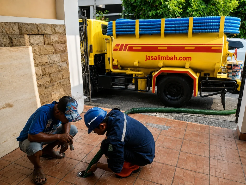 Teknisi Jasalimbah.com melakukan pemeriksaan septic tank bocor sebelum dilakukan perbaikan.