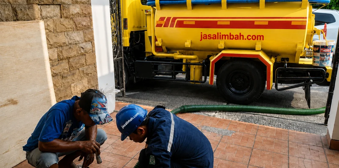 Teknisi Jasalimbah.com melakukan pemeriksaan septic tank bocor sebelum dilakukan perbaikan.