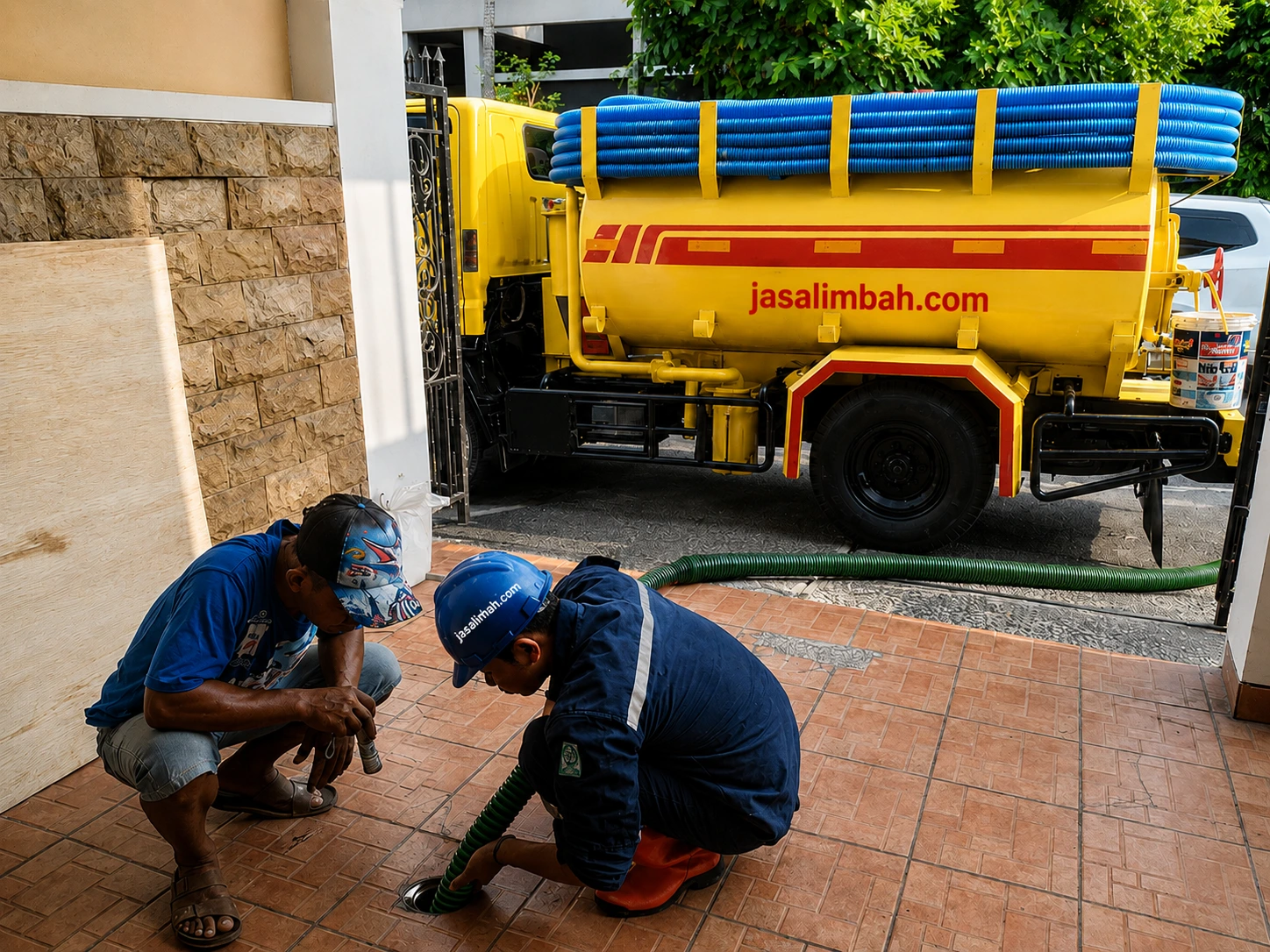 Teknisi Jasalimbah.com melakukan pemeriksaan septic tank bocor sebelum dilakukan perbaikan.