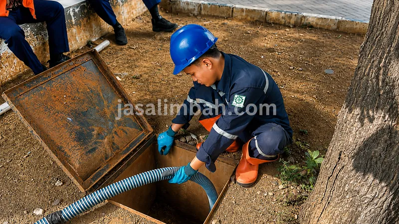 Proses cleaning bak penampungan limbah dilakukan secara berkala untuk menjaga sistem pengolahan limbah tetap optimal.
