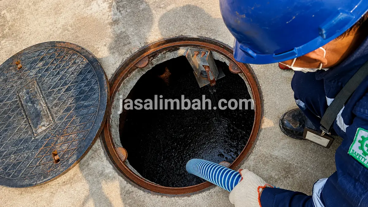 Teknisi Jasa Limbah menyalurkan selang untuk sedot limbah industri