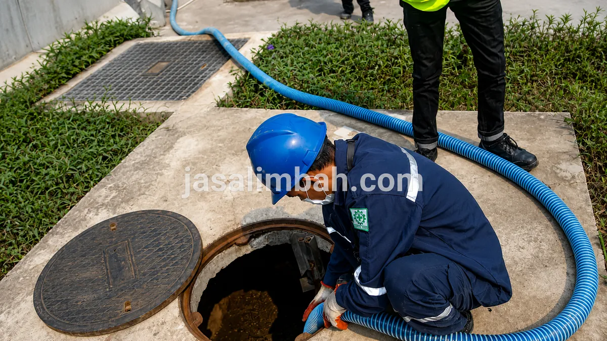 Teknisi Jasa Limbah memeriksa bak kontrol sebelum sedot limbah industri
