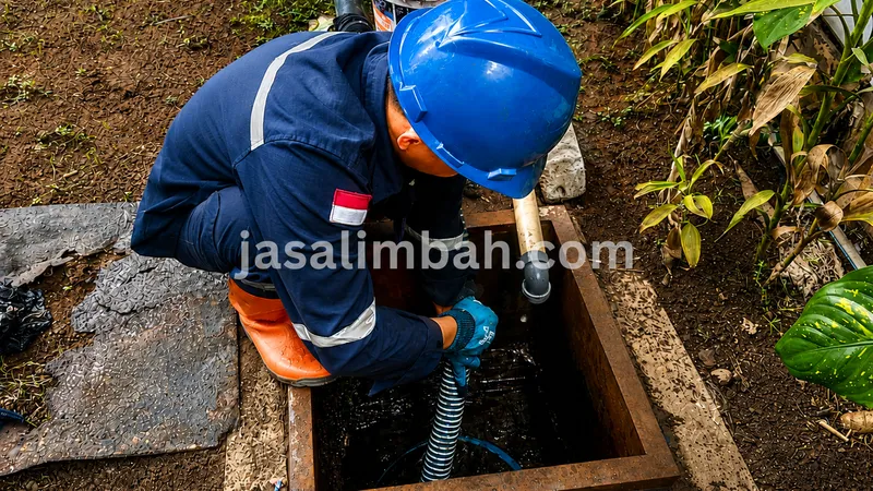 Teknisi melakukan proses sedot lumpur limbah pada bak penampungan limbah menggunakan selang vakum.