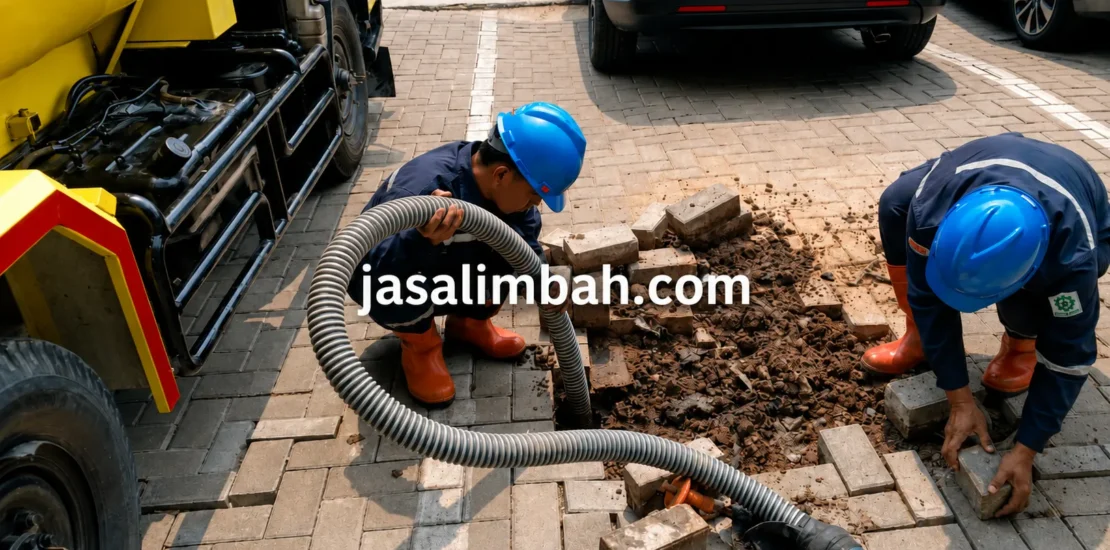 Sedot limbah pada saluran tersumbat oleh teknisi berpengalaman