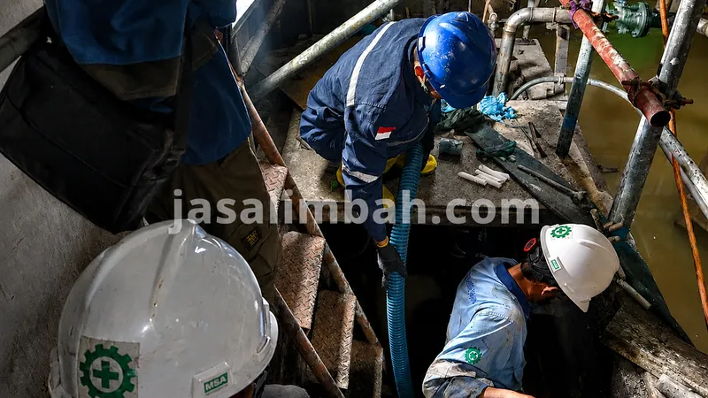 Teknisi Jasa Limbah turun ke bak kontrol melalui celah sempit di area pabrik