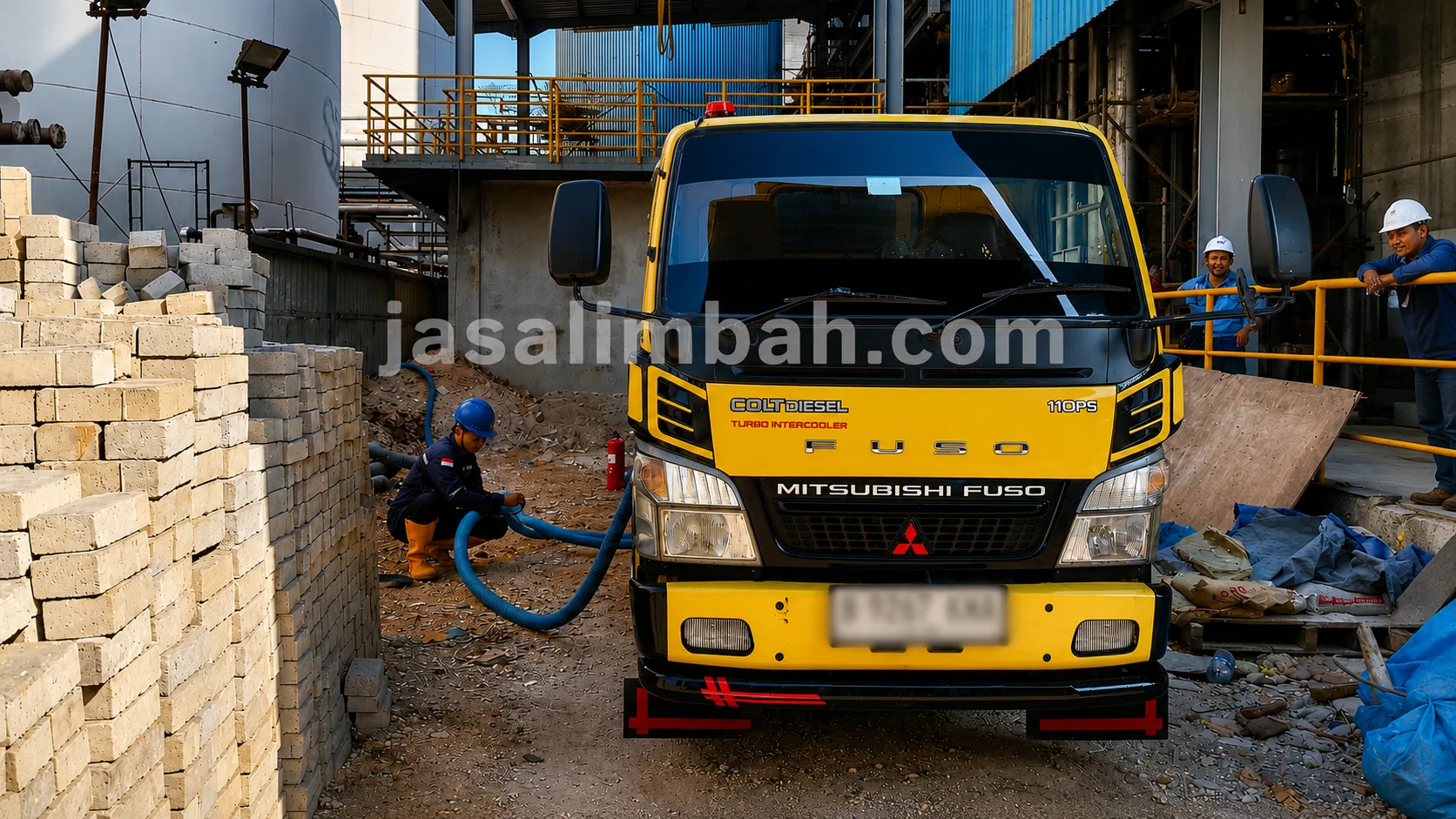 Truk tangki Jasa Limbah terparkir di area pabrik untuk sedot limbah industri