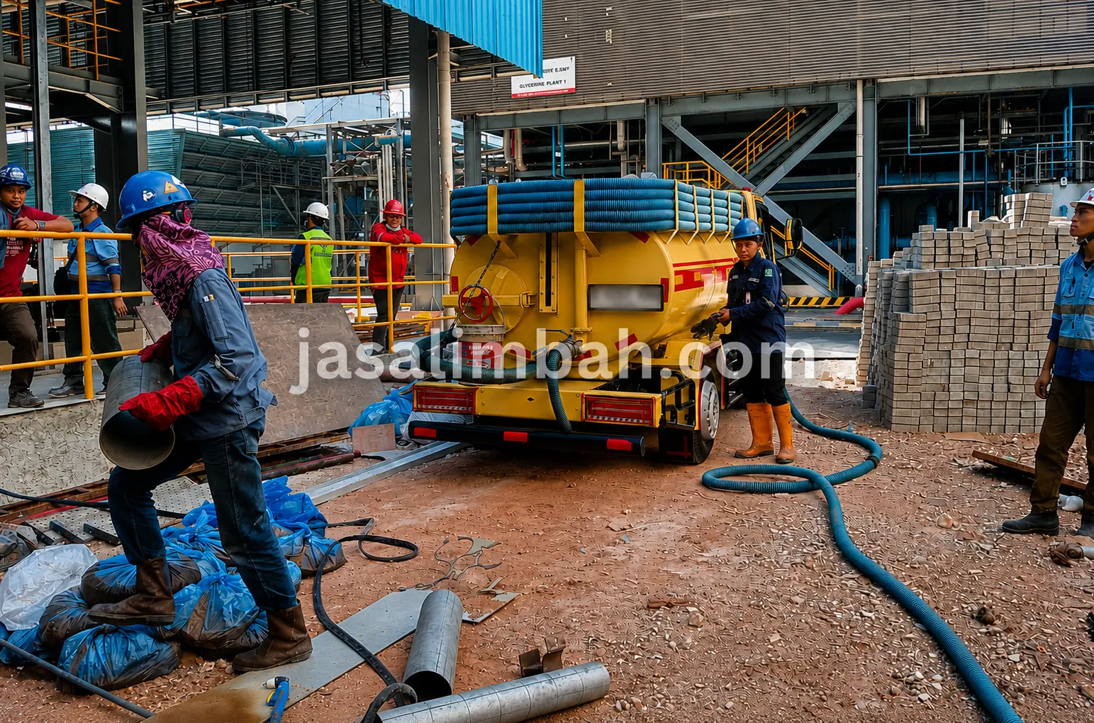 Truk tangki Jasa Limbah menunggu di area bongkar muat pabrik selama proses sedot limbah