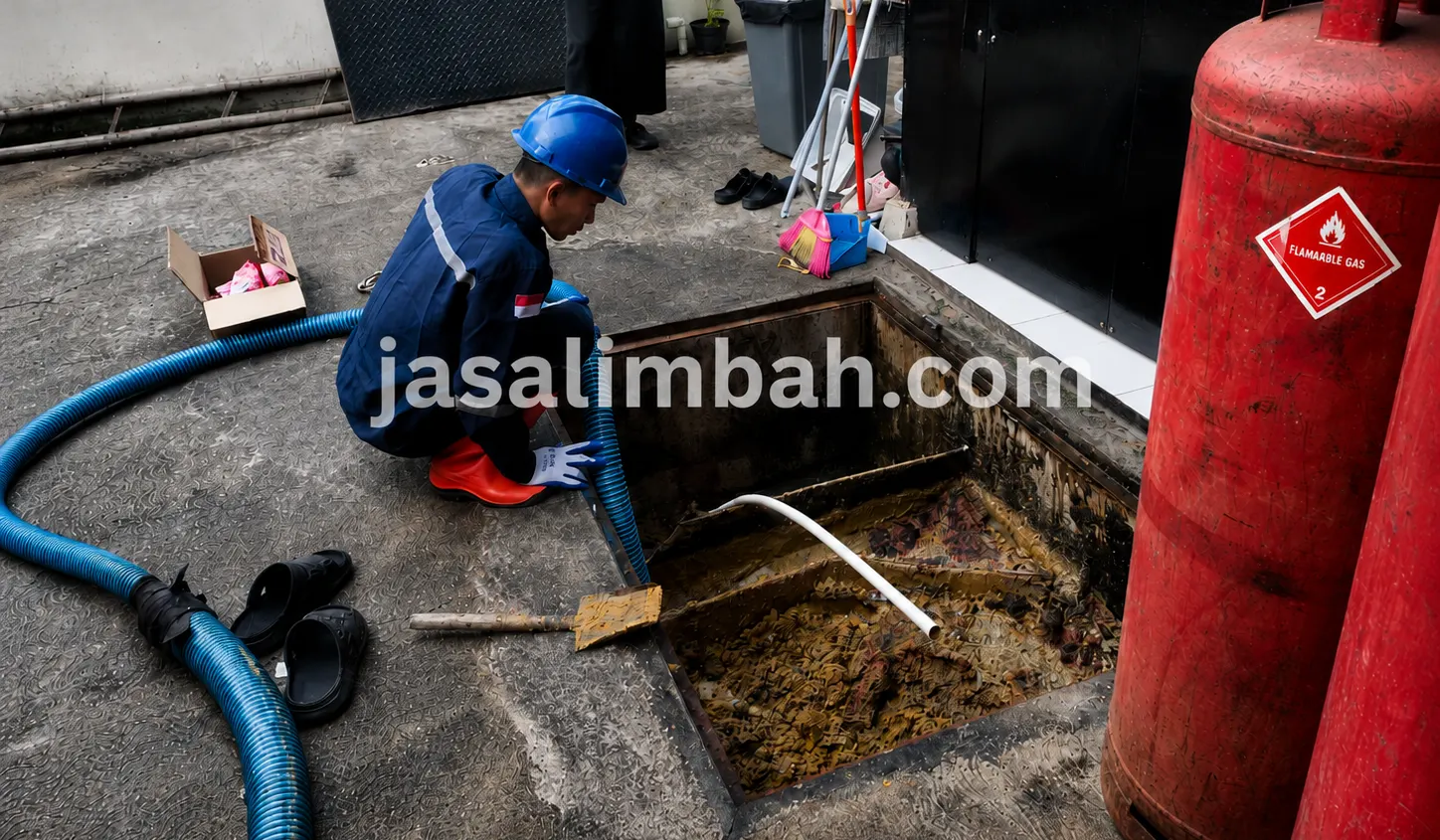 Teknisi Jasa Limbah memeriksa bak kontrol yang berada dekat tabung gas di kantor Fantech