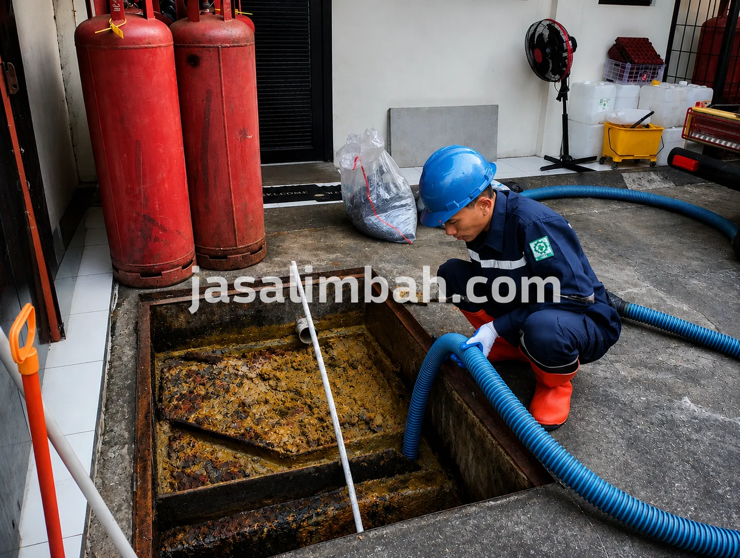 Teknisi Jasa Limbah membersihkan sisa endapan di sudut bak kontrol kantor Fantech