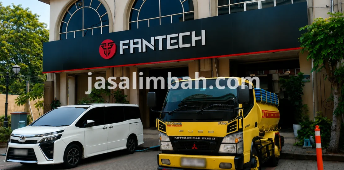 Truk tangki Jasa Limbah terparkir di depan kantor Fantech untuk layanan sedot bak kontrol
