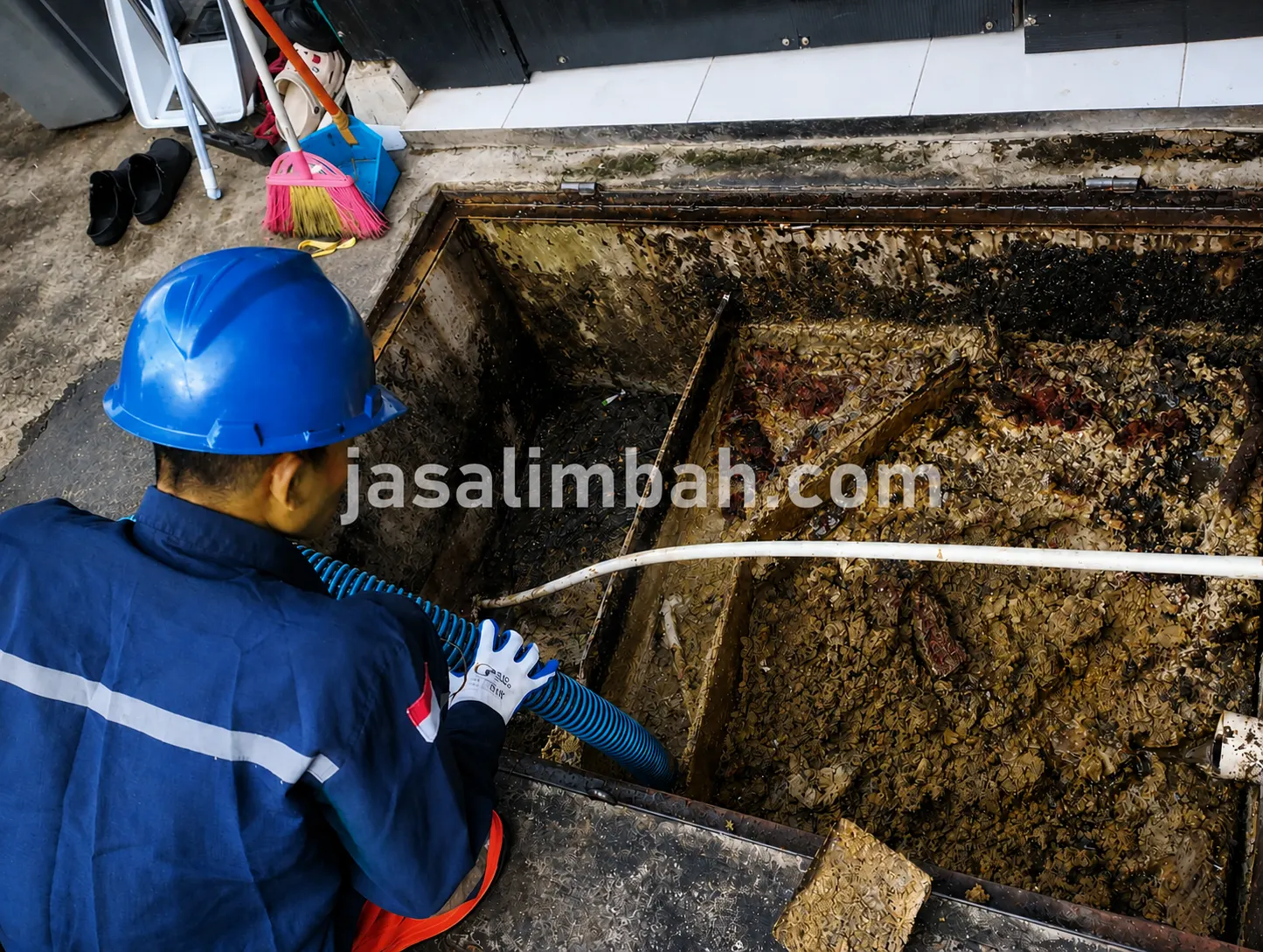 Teknisi Jasa Limbah menyedot isi bak kontrol menggunakan selang vakum di kantor Fantech