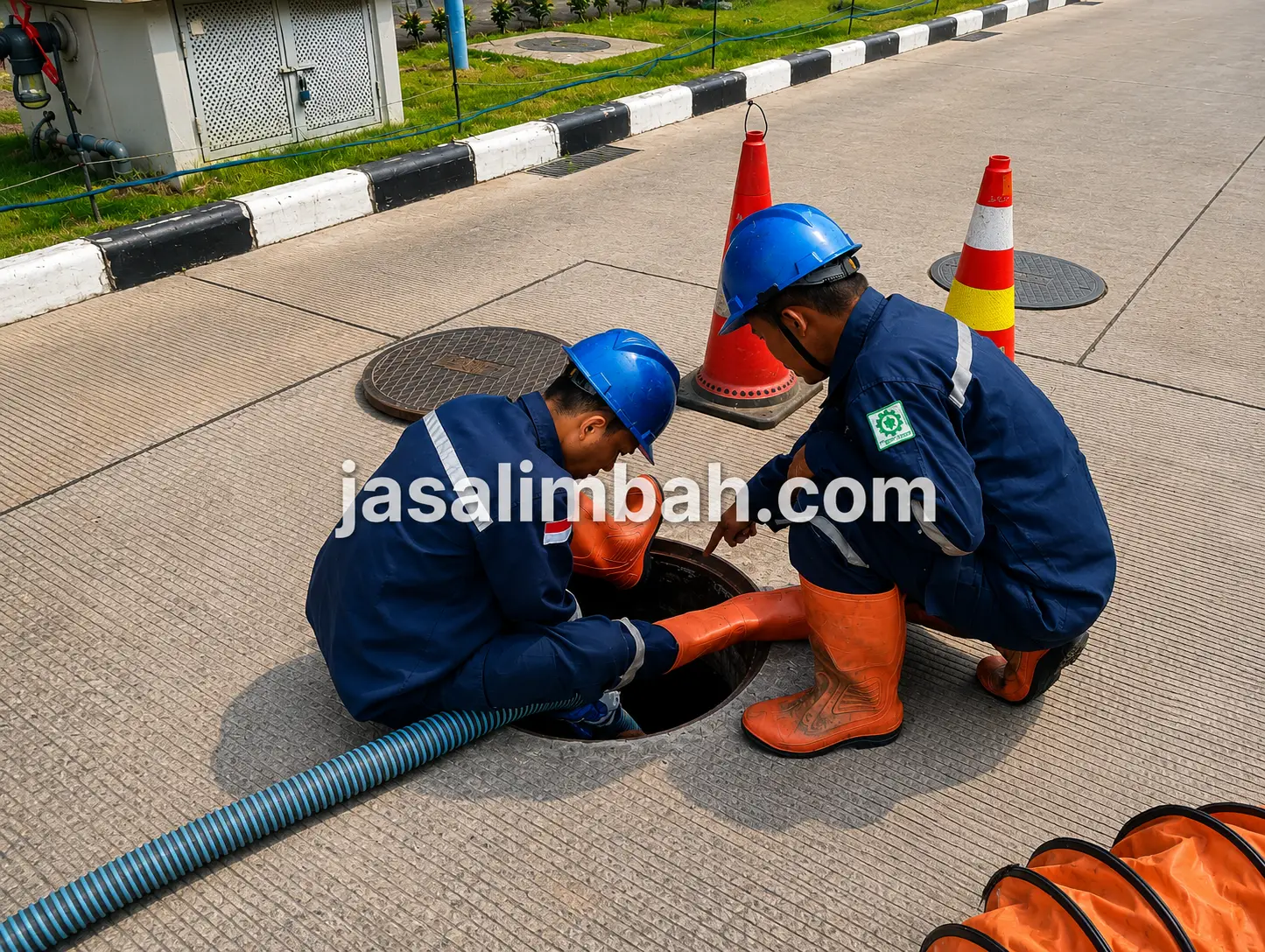 Teknisi Jasa Limbah memasukkan selang vakum ke dalam manhole untuk proses penyedotan bak kontrol