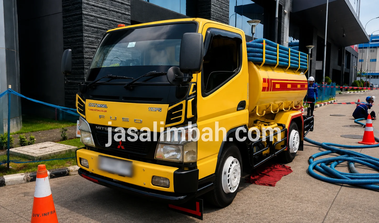 Truk tangki Jasa Limbah terparkir di depan gedung fasilitas industri untuk layanan sedot bak kontrol