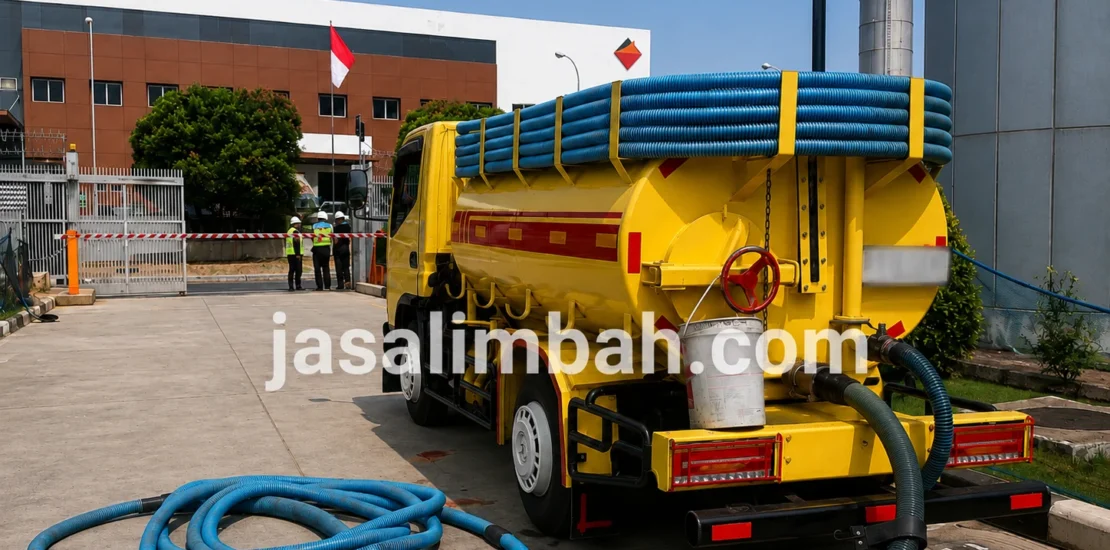 Truk tangki kuning Jasa Limbah terparkir di area belakang fasilitas industri siap mengangkut limbah