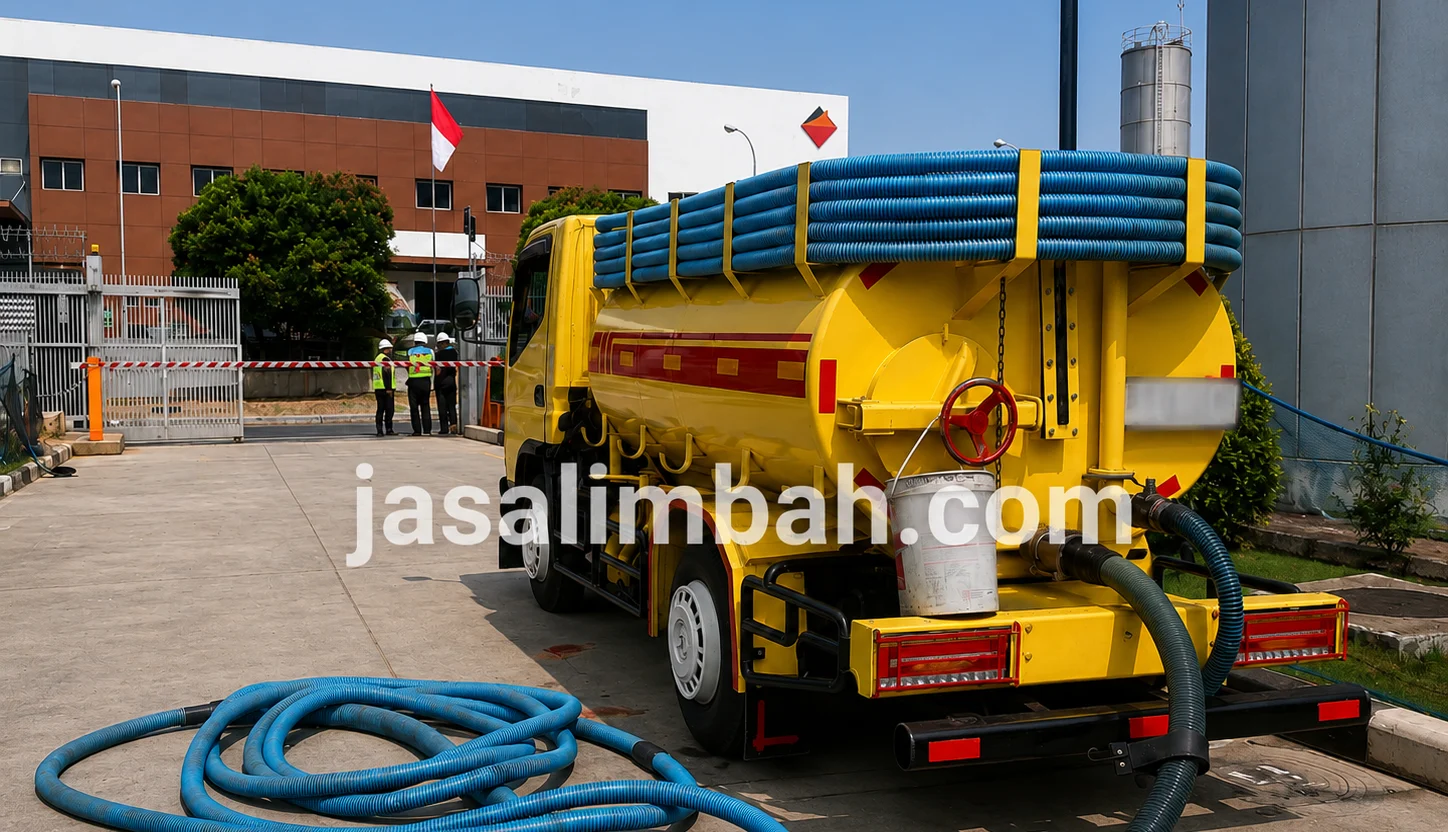 Truk tangki kuning Jasa Limbah terparkir di area belakang fasilitas industri siap mengangkut limbah