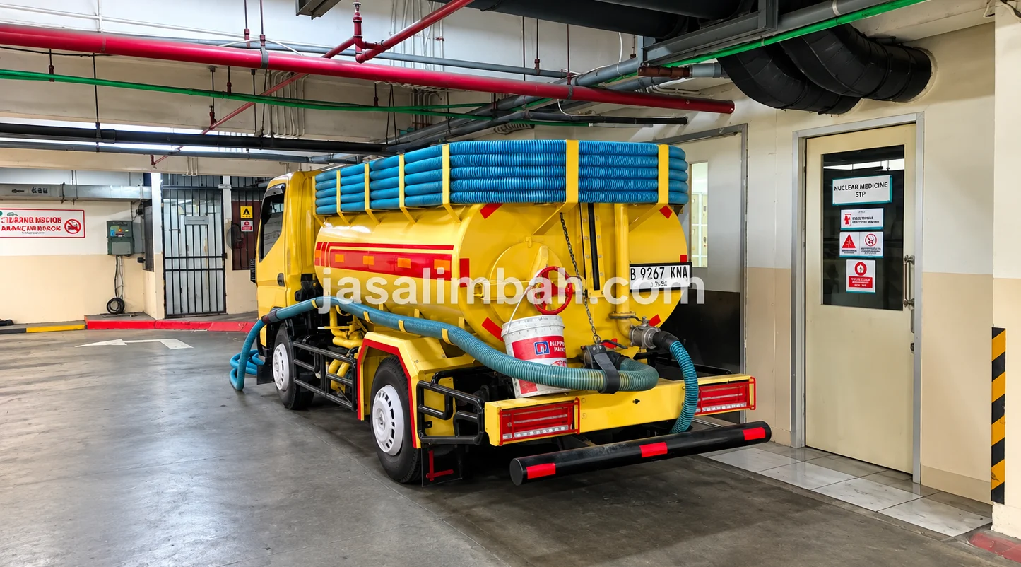 Tampak belakang truk vacuum sedot limbah di depan pintu ruang STP gedung rumah sakit