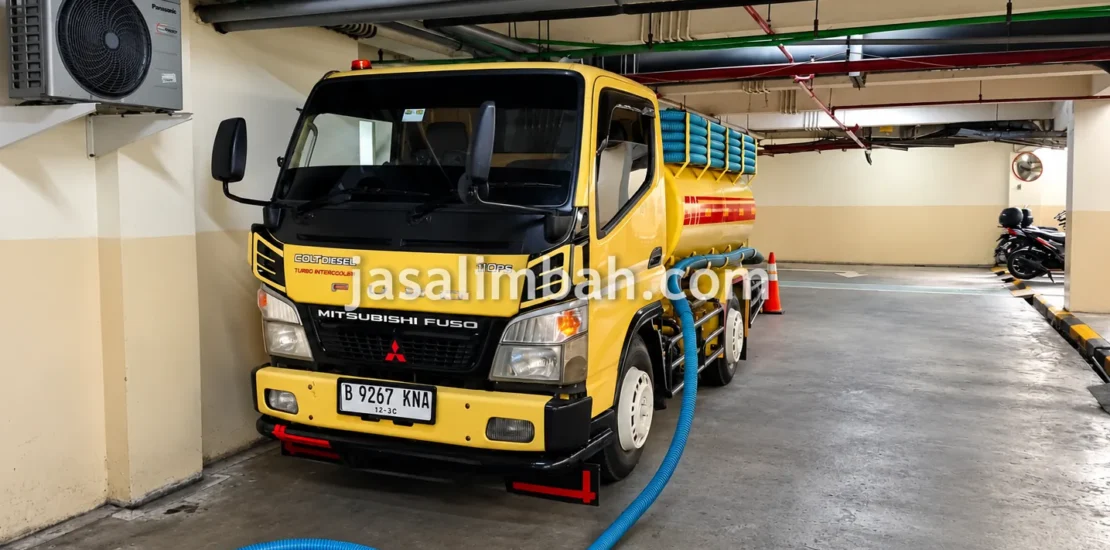 Truk sedot limbah cair Mitsubishi Fuso Colt Diesel terparkir di basement gedung dengan selang biru terpasang