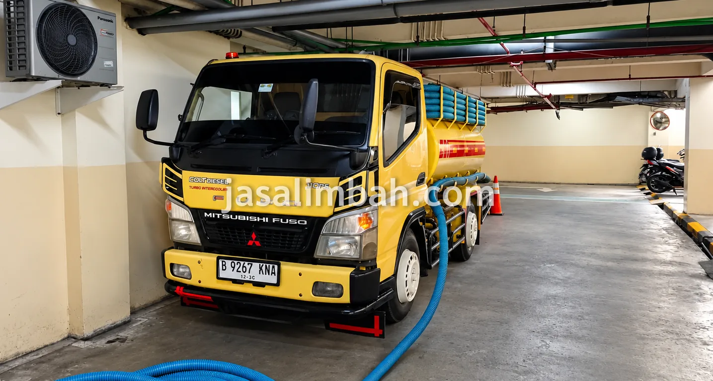 Truk sedot limbah cair Mitsubishi Fuso Colt Diesel terparkir di basement gedung dengan selang biru terpasang