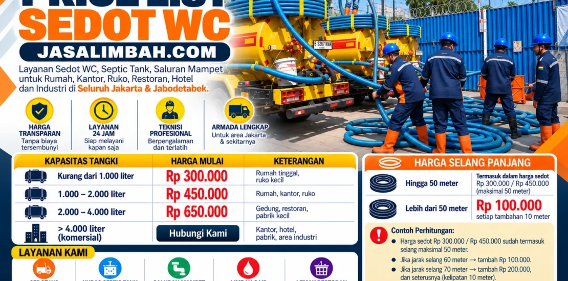 Daftar harga sedot WC Jakarta dan Jabodetabek mulai Rp 300.000 dari jasalimbah.com berdasarkan kapasitas tangki